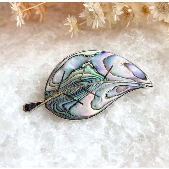 Leaf Shaped Beto of Taxco Abalone Shell Inlay Vintage Sterling Silver Brooch - Picture 1 of 10